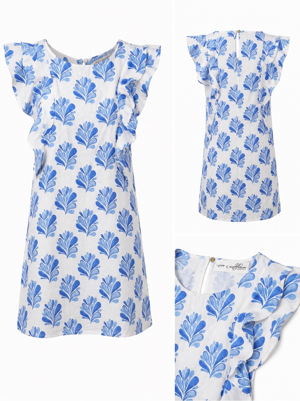 Never A Wallflower Linen Blue White Botanical Ruffle Mini Dress NWT XS USA